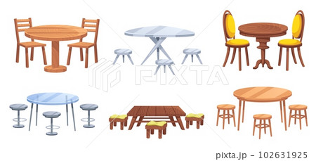 Cartoon furniture. Tables with chairs for dining, restaurant and picnic scene. Table for two vector illustration set 102631925
