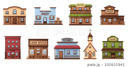 Wild west buildings. Western town houses, wooden saloon and sheriff office city building vector illustration set 102631941