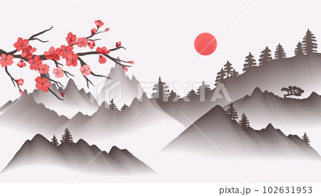 Chinese landscape painting. Oriental asian background with foggy mountains and sakura blossom branch vector illustration 102631953
