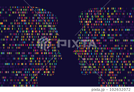Human genome map. Dna test sequence barcoding, big data chart in male and female silhouette. Gender comparison vector concept background illustration Human genome map. Dna test sequence barcoding, big data chart in male and female silhouette. Gender comparison vector concept background illustration 102632072