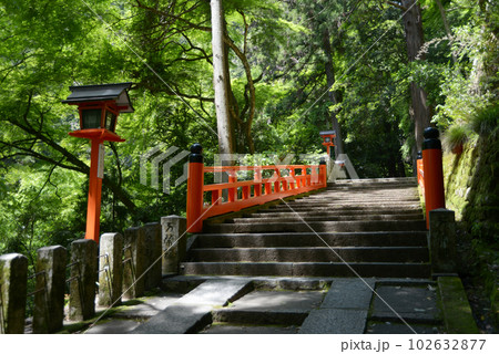新緑の鞍馬寺 参道の朱塗りの橋 京都市左京区 新緑の鞍馬寺 参道の朱塗りの橋 京都市左京区 102632877