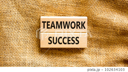 Teamwork success symbol. Concept words Teamwork success on wooden blocks on a beautiful canvas table canvas background. Businessman hand. Business and teamwork success concept. Copy space. Teamwork success symbol. Concept words Teamwork success on wooden blocks on a beautiful canvas table canvas background. Businessman hand. Business and teamwork success concept. Copy space. 102634103