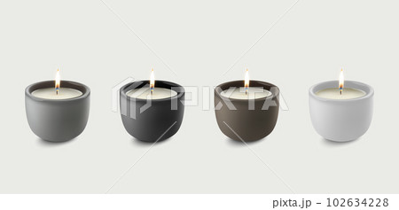 Vector 3d Realistic Wax Burning Party, Spa Candle with Flame of a Candle in a Cup or Bowl Icon Set Isolated. Design Template, Front View 102634228