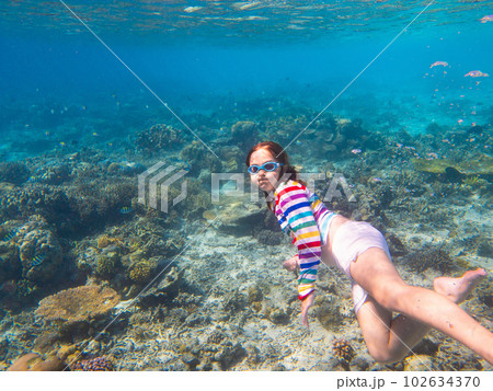 Child snorkeling. Kids underwater. Beach and sea. Child snorkeling. Kids underwater. Beach and sea. 102634370
