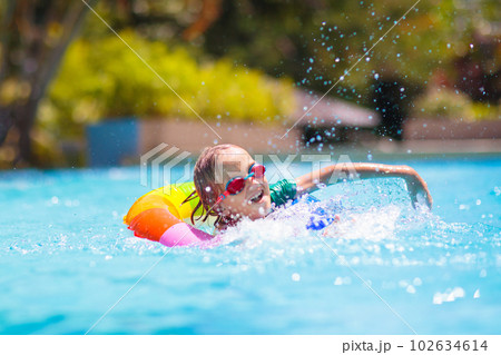 Child in swimming pool on toy ring. Kids swim. Child in swimming pool on toy ring. Kids swim. 102634614