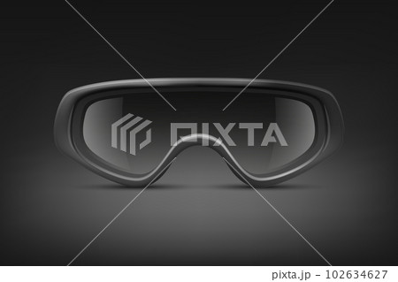 Vector 3d Realistic Military, Industrial Black Safety Glasses Icon Closeup Isolated on Black Background. Transparent Glasses, Safety Glasses - Sports, Military, Uniform. Front View 102634627