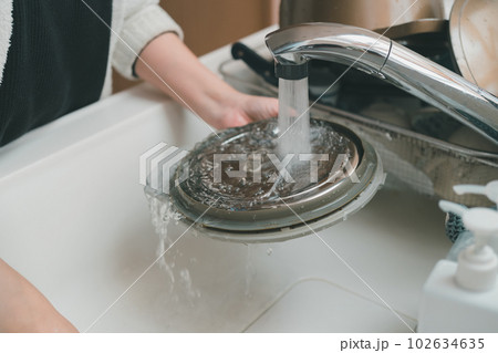 炊飯器のふた加熱板を洗う主婦 炊飯器のふた加熱板を洗う主婦 102634635