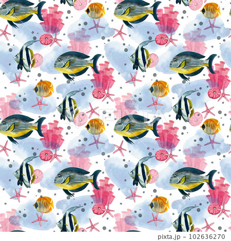 Seamless pattern. Tropical fishes of bright colors, pink stars, corals and blue spots, hand-drawn in watercolor on a white background. Suitable for printing on fabric, paper, design and scrapbooking Seamless pattern. Tropical fishes of bright colors, pink stars, corals and blue spots, hand-drawn in watercolor on a white background. Suitable for printing on fabric, paper, design and scrapbooking 102636270