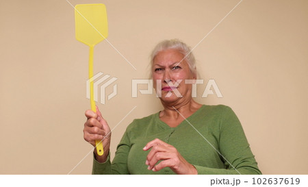 An elderly European woman is trying to catch a mosquito with a fly swatter 102637619