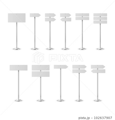 Vector 3d Realistic White Empty Blank Green Road Warning Direction Sign Icon Set Closeup Isolated. Danger Warning Signs Collection, Traffic Template. Front View Vector 3d Realistic White Empty Blank Green Road Warning Direction Sign Icon Set Closeup Isolated. Danger Warning Signs Collection, Traffic Template. Front View 102637907