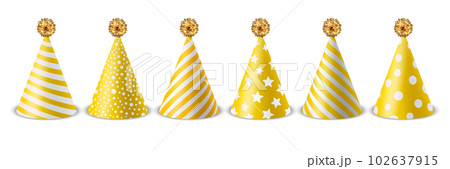 Vector 3d Realistic Yellow and White Birthday Party Hat Icon Set Isolated on White Background. Party Cap Design Template for Party Banner, Greeting Card. Holiday Hats, Cone Shape, Front View 102637915