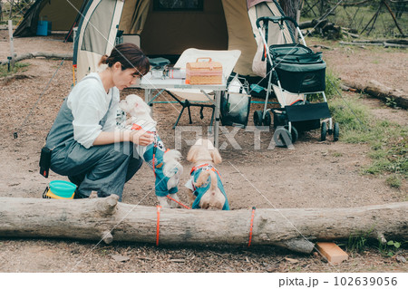 女性ソロキャンプで愛犬と戯れる 女性ソロキャンプで愛犬と戯れる 102639056
