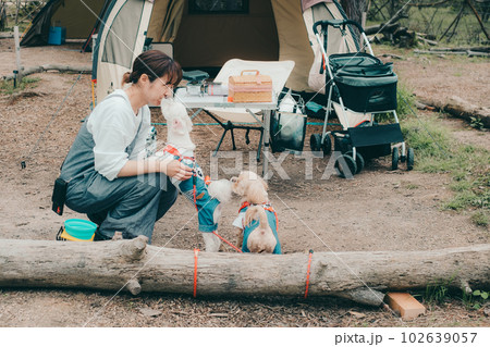 女性ソロキャンプで愛犬と戯れる 女性ソロキャンプで愛犬と戯れる 102639057