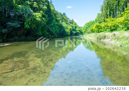 嵐山渓谷 飛び石橋から上流方面の眺め 新緑の風景 武蔵の小京都  嵐山渓谷 飛び石橋から上流方面の眺め 新緑の風景 武蔵の小京都  102642238