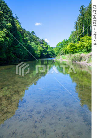 嵐山渓谷 飛び石橋から上流方面の眺め 新緑の風景 武蔵の小京都 嵐山渓谷 飛び石橋から上流方面の眺め 新緑の風景 武蔵の小京都 102642273