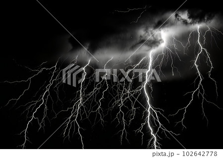 Lightning strike on black background stormy sky made with generative AI 102642778