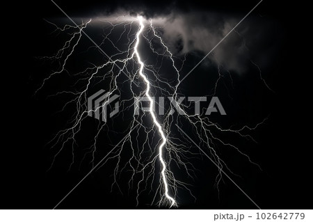 Lightning strike on black background stormy sky made with generative AI 102642779
