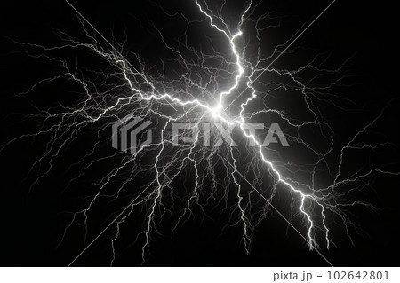 Lightning strike on black background stormy sky made with generative AI 102642801