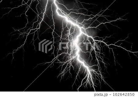 Lightning strike on black background stormy sky made with generative AI 102642850