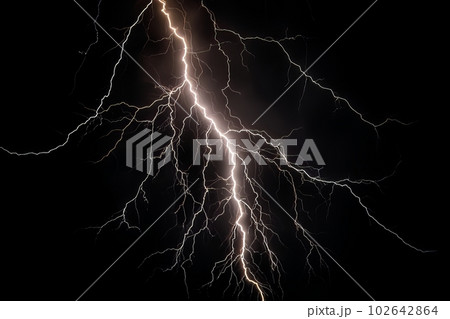 Lightning strike on black background stormy sky made with generative AI 102642864