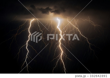Lightning strike on black background stormy sky made with generative AI Lightning strike on black background stormy sky made with generative AI 102642891