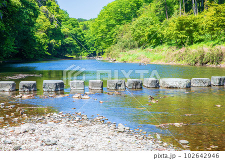 嵐山渓谷 飛び石橋 槻川 新緑の風景 武蔵の小京都 嵐山渓谷 飛び石橋 槻川 新緑の風景 武蔵の小京都 102642946