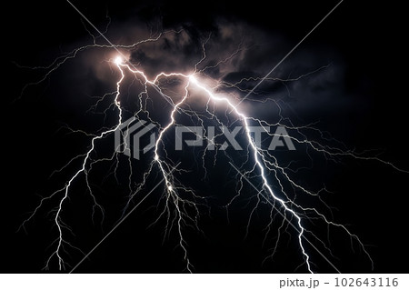 Lightning strike on black background stormy sky made with generative AI Lightning strike on black background stormy sky made with generative AI 102643116