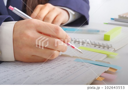 勉強を頑張る女子学生の手元 勉強を頑張る女子学生の手元 102643553