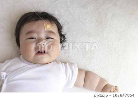 おでこに絆創膏を貼った赤ちゃん（生後5か月、日本人、男の子） 102647054