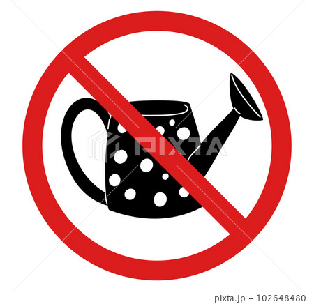 Vector prohibition sign with watering can silhouette. Do not spray with pesticides. Forbidden sign with garden tools 102648480