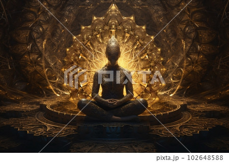 meditation yoga spiritual pose chakra zen peace aura energy silhouette. Generative AI. 102648588