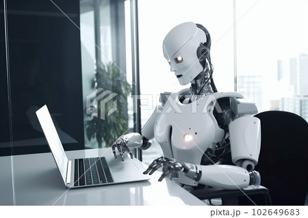 artificial digital office document laptop ai technology paper hand robot. Generative AI. 102649683