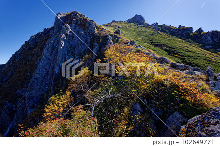 木曽殿越から見る紅葉の中央アルプス・空木岳山頂 木曽殿越から見る紅葉の中央アルプス・空木岳山頂 102649771