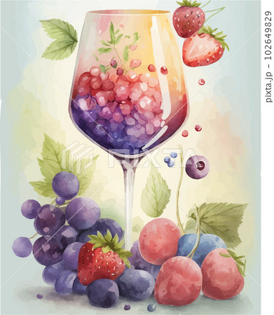 ワイングラスに入ったミックスベリージュースの水彩イラスト　AI画像 102649829