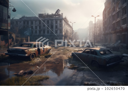 Post-apocalyptic city with abandoned and destroyed buildings. Generative AI 102650470