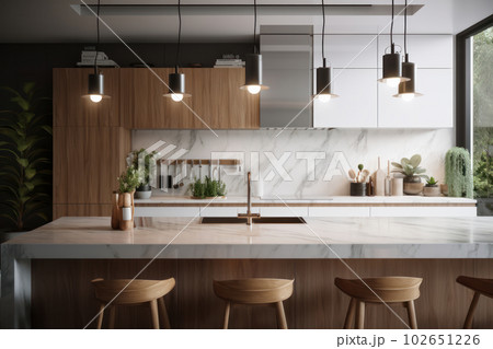 Minimalist kitchen interior with a clean and organized design, including a spacious marble countertop and practical appliances. AI Generative. Minimalist kitchen interior with a clean and organized design, including a spacious marble countertop and practical appliances. AI Generative. 102651226