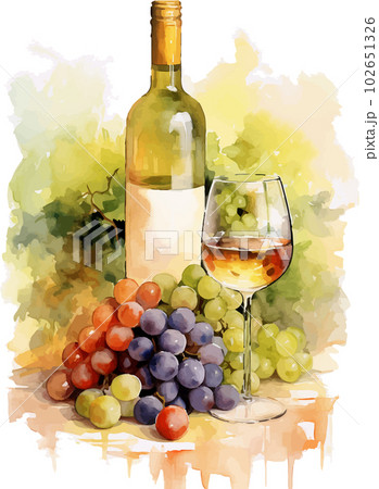 白ワインのボトルとグラス　水彩イラスト　AI画像 102651326