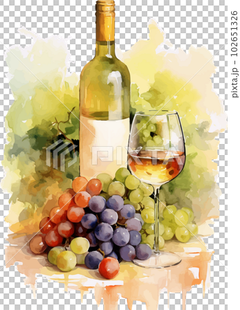 ワインとブドウの水彩画 赤ワインのオリジナル水彩画、ワイングラスとボトルのオリジナル