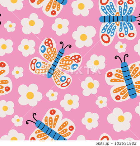Cute butterflies seamless pattern. Flying insects vector flat illustration. Beautiful hand drawn butterfly wallpaper template. 102651882