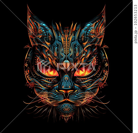 Image of cyberpunk cat mask with colorful patterns on black background. Wildlife Animals. Illustration. Generative AI. 102653213