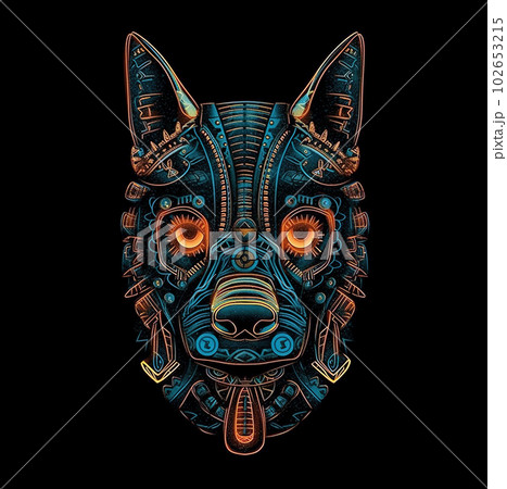Image of cyberpunk dog mask with colorful patterns on black background. Pet. Animals. Illustration. Generative AI. 102653215