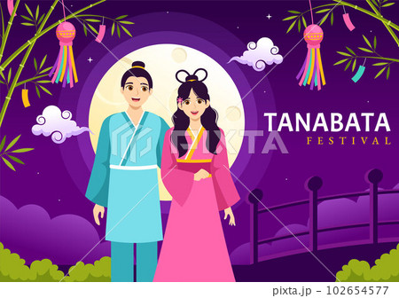 Tanabata Festival Vector Illustration with People Wearing Kimono and Peonies Flowers in National Holiday Flat Cartoon Hand Drawn Templates 102654577
