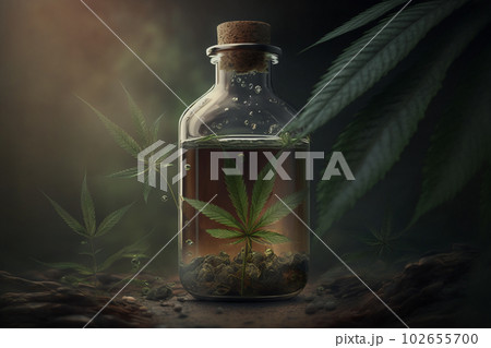 Cannabis herb and leaves with oil extracts. Hemp oil n a glass jar. 102655700