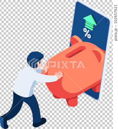 Isometric Businessman Push Piggy Bank into Smartphone Isometric Businessman Push Piggy Bank into Smartphone 102657621
