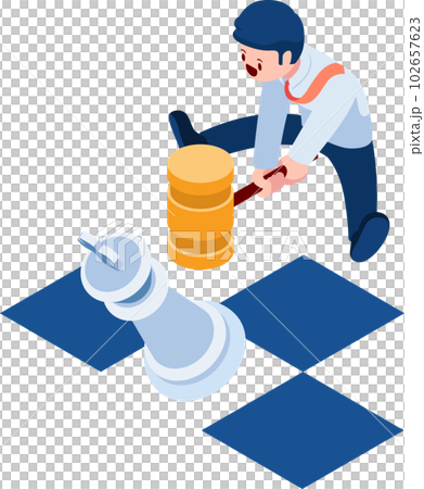 Isometric Businessman Smashing King Chess by Hammer 102657623