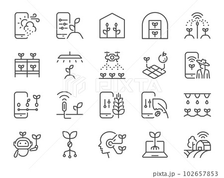 Agritech icon set. It included the agriculture technology, smart farming, farmer, farm, and more icons. 102657853