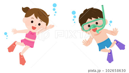 シュノーケリングを楽しむ男の子と女の子　イラスト 102658630