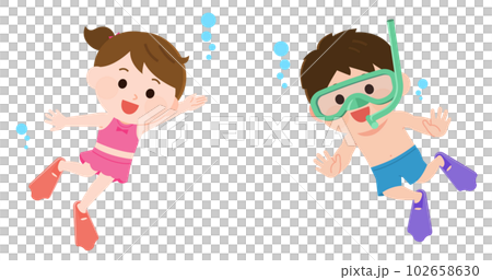 シュノーケリングを楽しむ男の子と女の子　イラスト 102658630