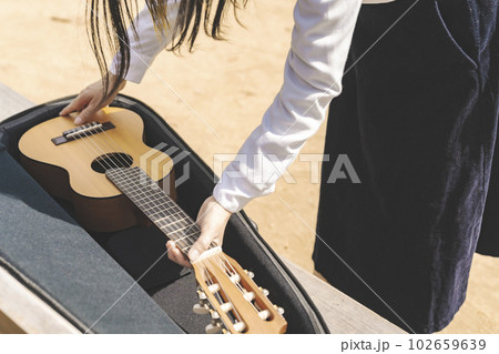 楽器ケース　ギターを持つ女性 102659639