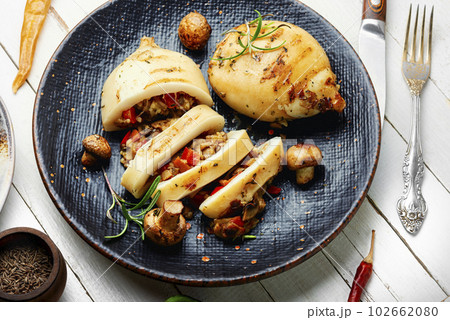 Baked squid on the plate 102662080